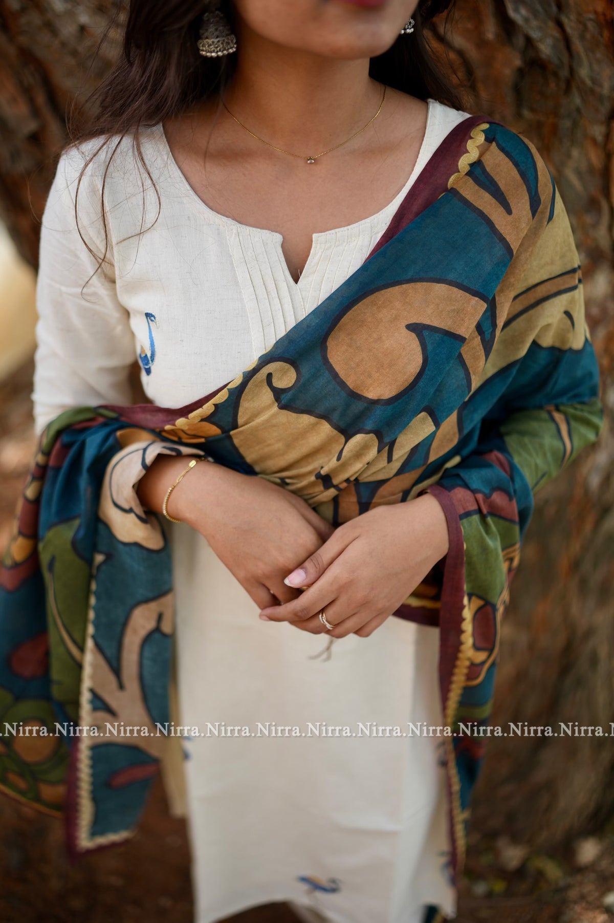 White cotton embroidery with kalamkari shawl