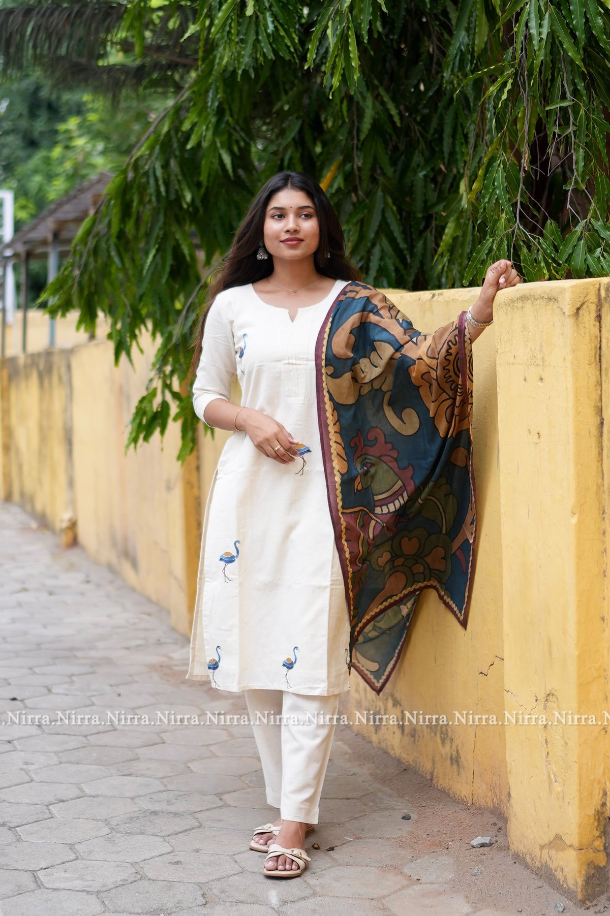 White cotton embroidery with kalamkari shawl