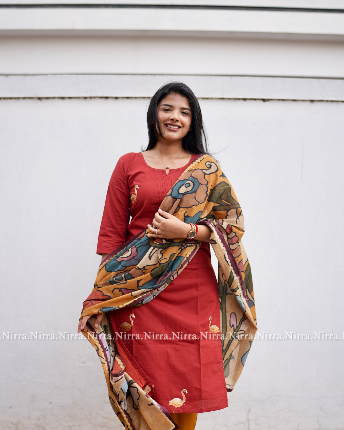 Red cotton embroidery salwar set with kalamkari shawl