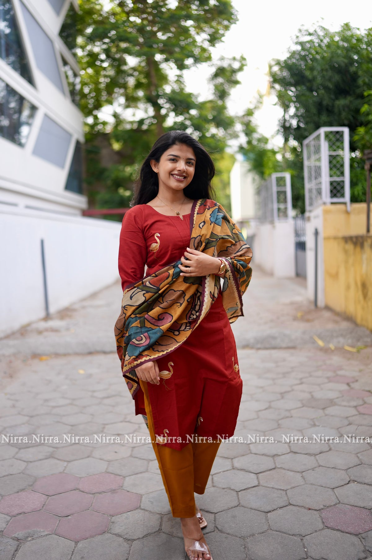 Red cotton embroidery salwar set with kalamkari shawl