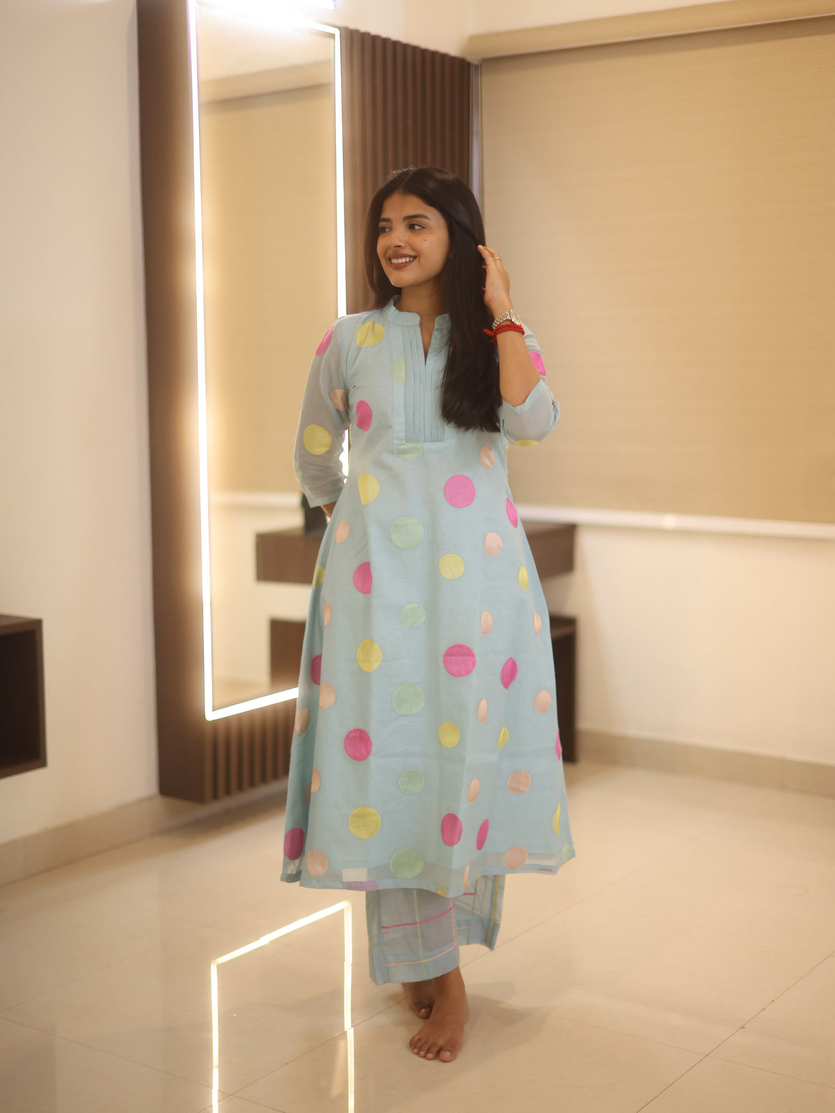 Powder blue chanderi embroidered A line coords