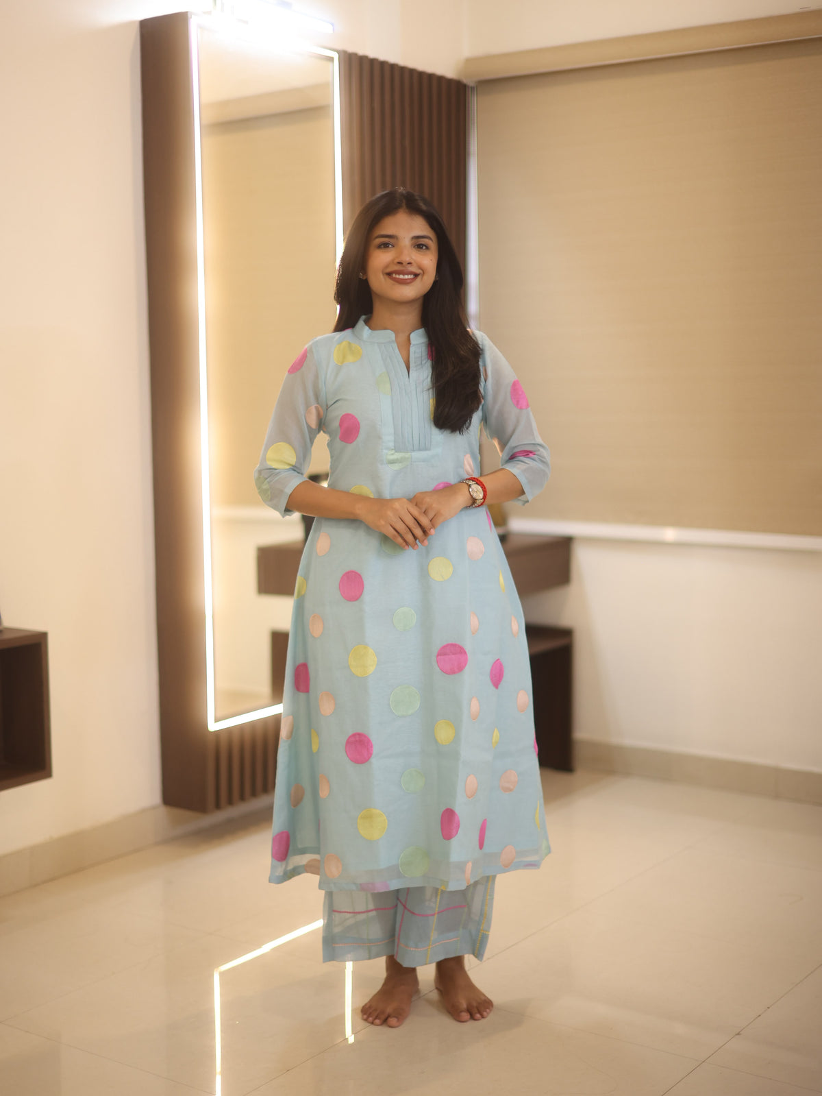 Powder blue chanderi embroidered A line coords