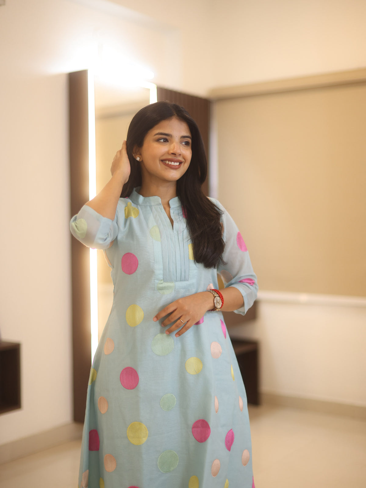 Powder blue chanderi embroidered A line coords