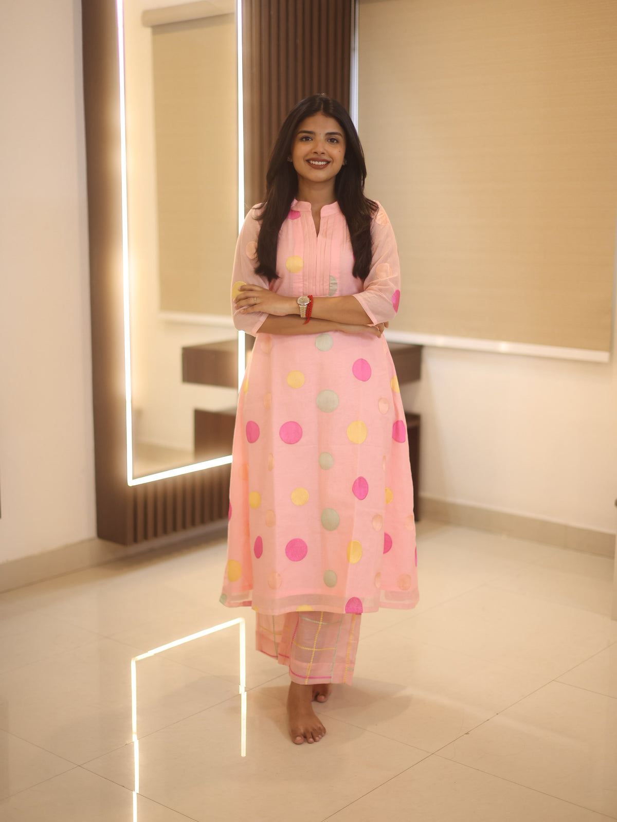 Baby pink chanderi embroidered Aline coord set