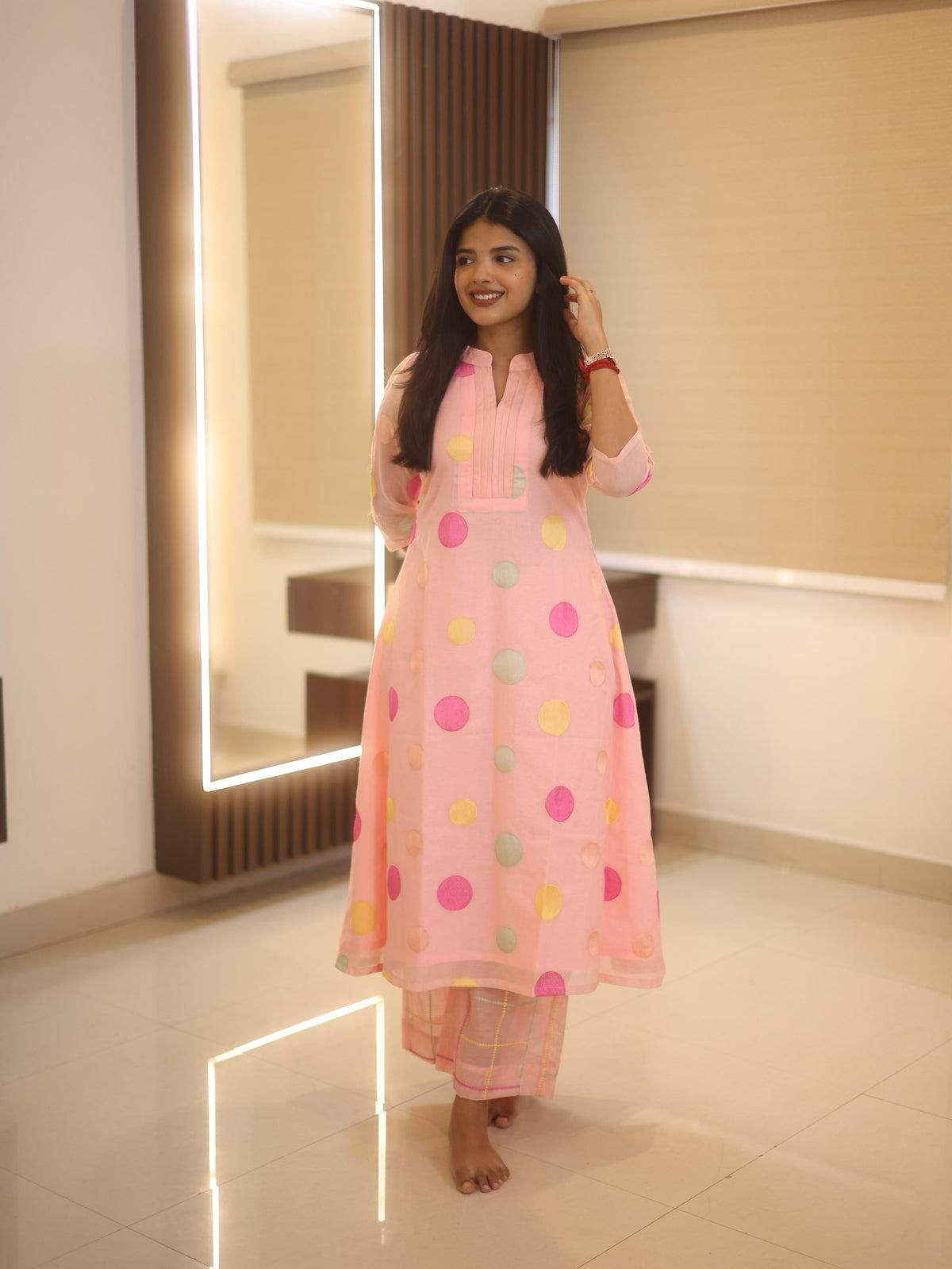 Baby pink chanderi embroidered Aline coord set