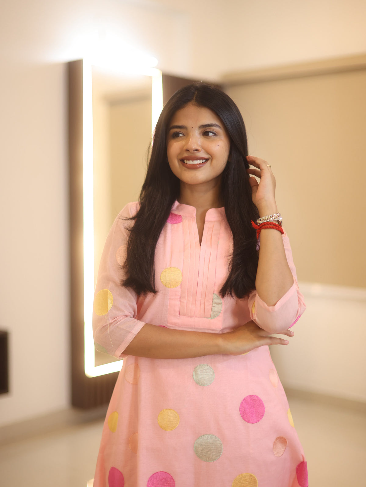 Baby pink chanderi embroidered Aline coord set