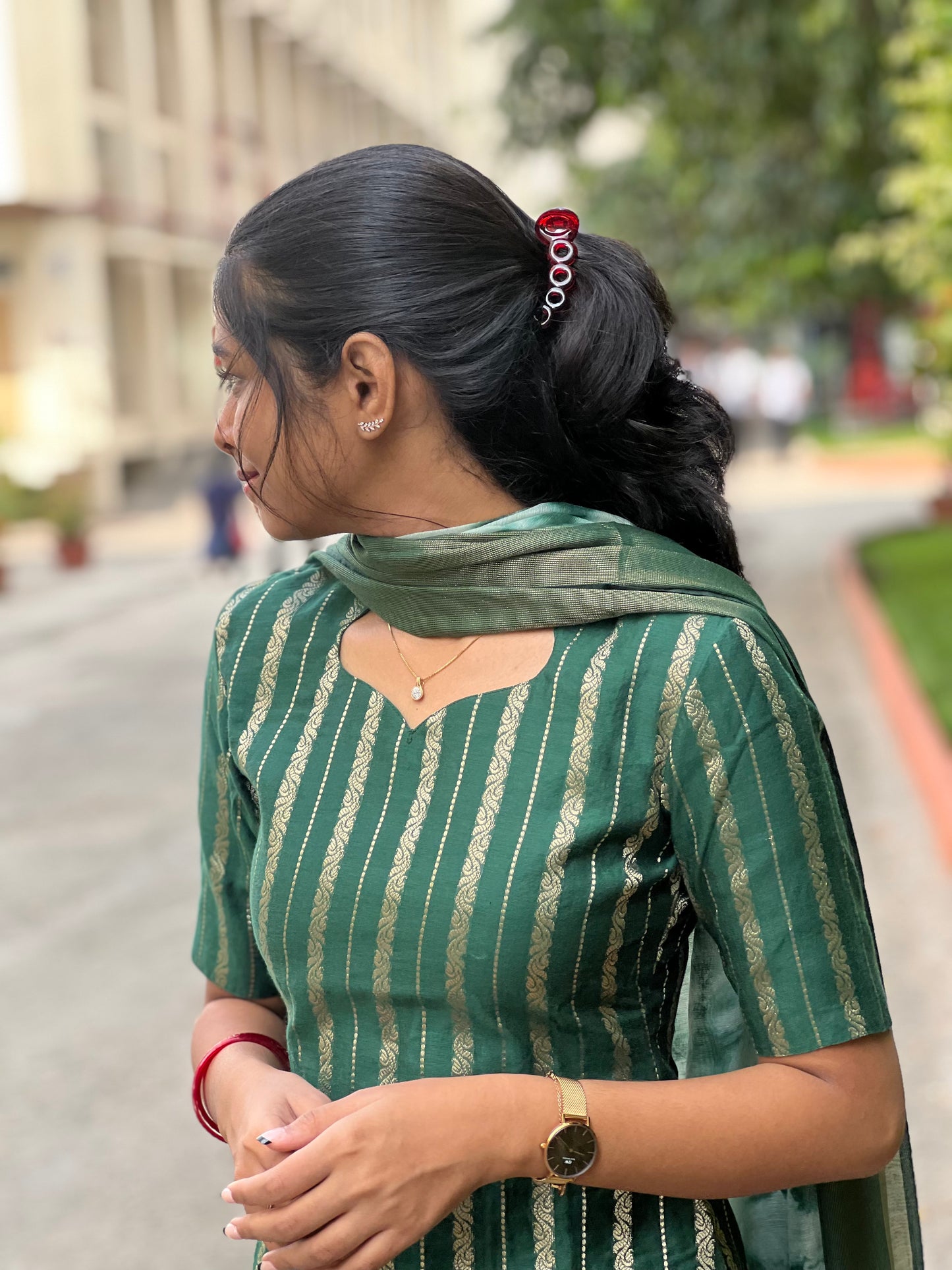 Bottle green banarasi chanderi suit with marble dye duppata