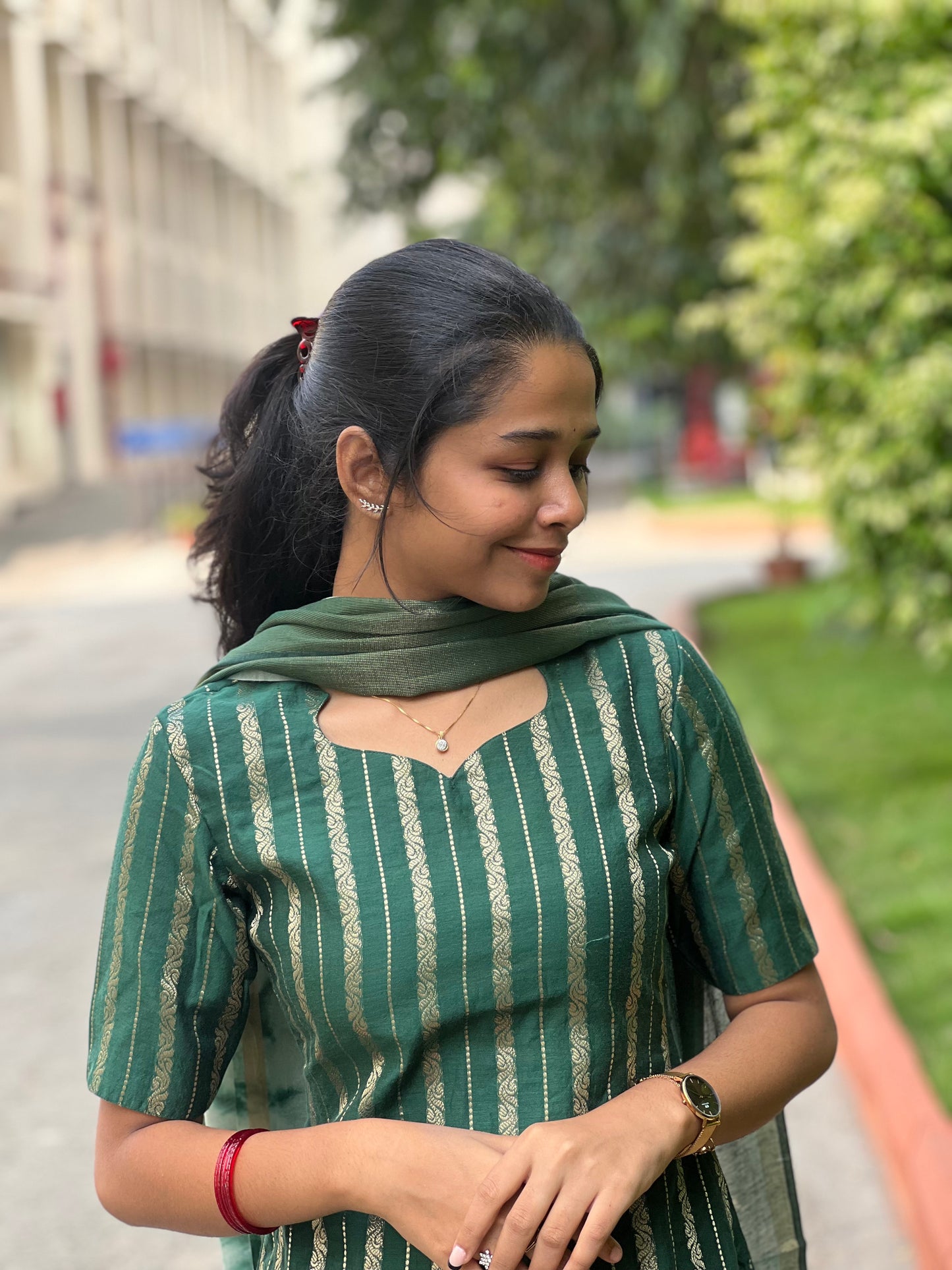 Bottle green banarasi chanderi suit with marble dye duppata