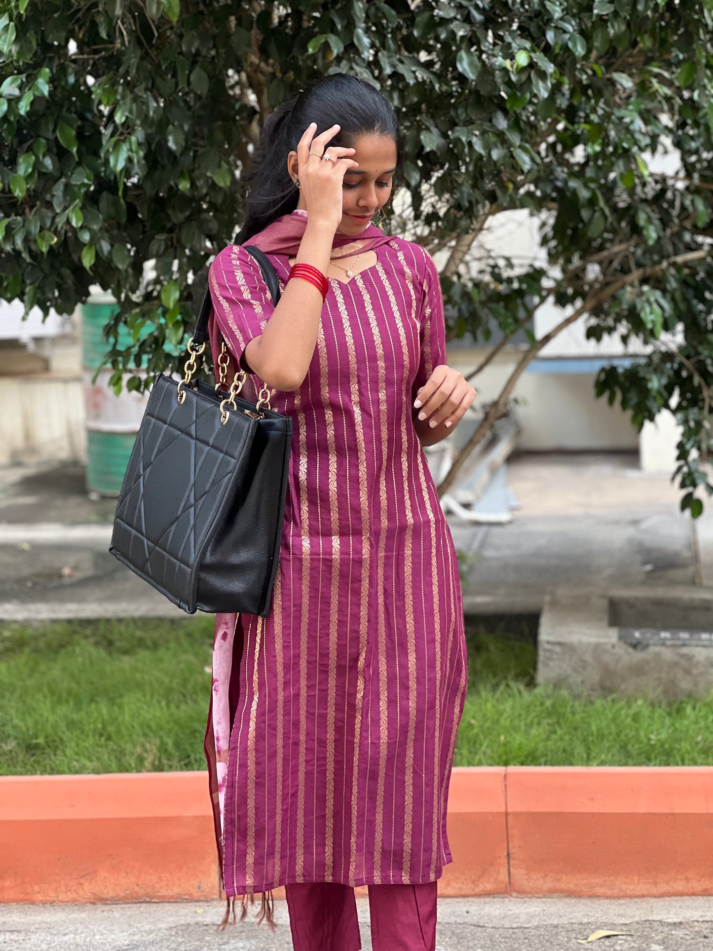 Magenta banarasi chanderi suit with marble dye duppata