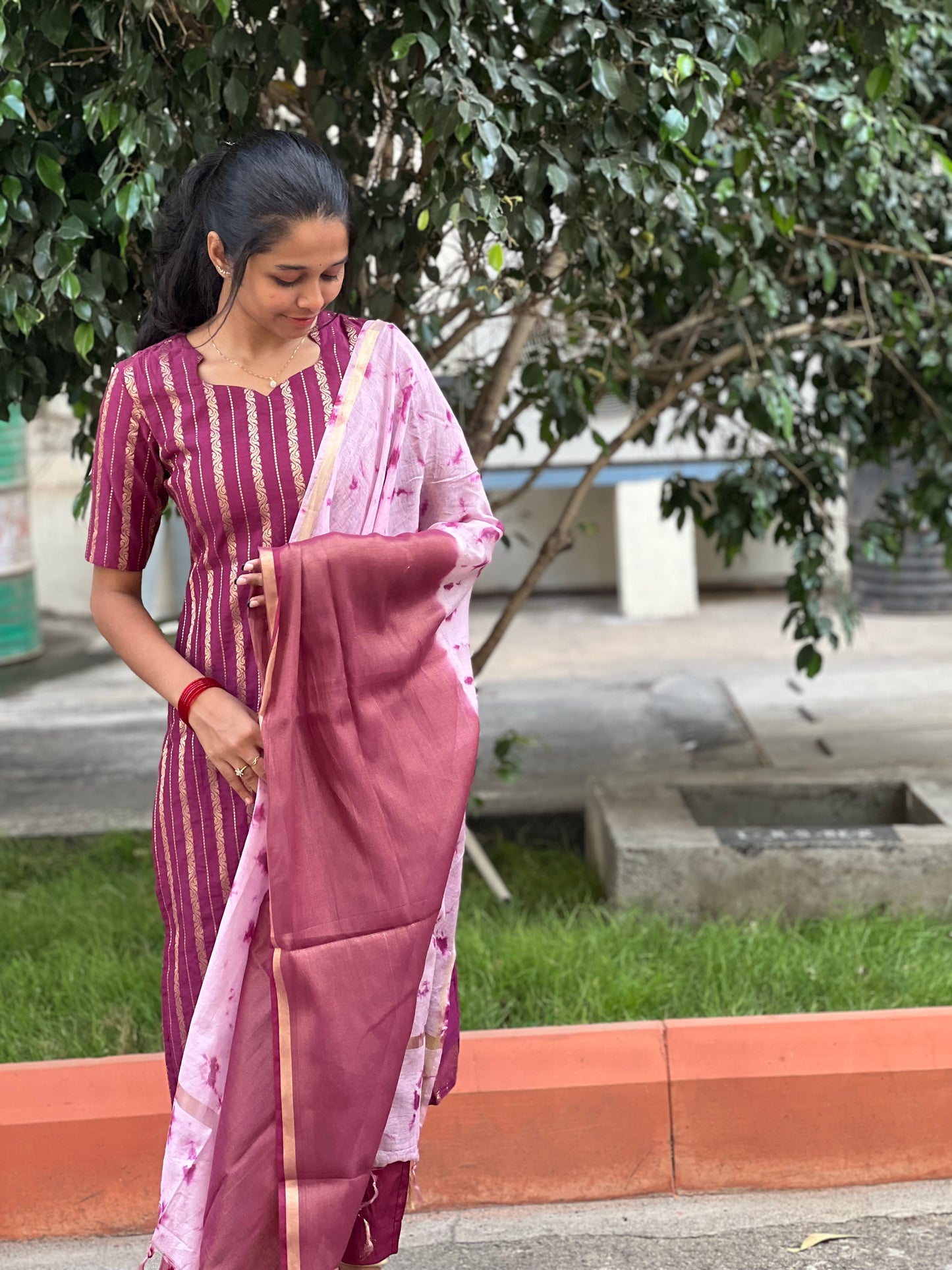 Magenta banarasi chanderi suit with marble dye duppata