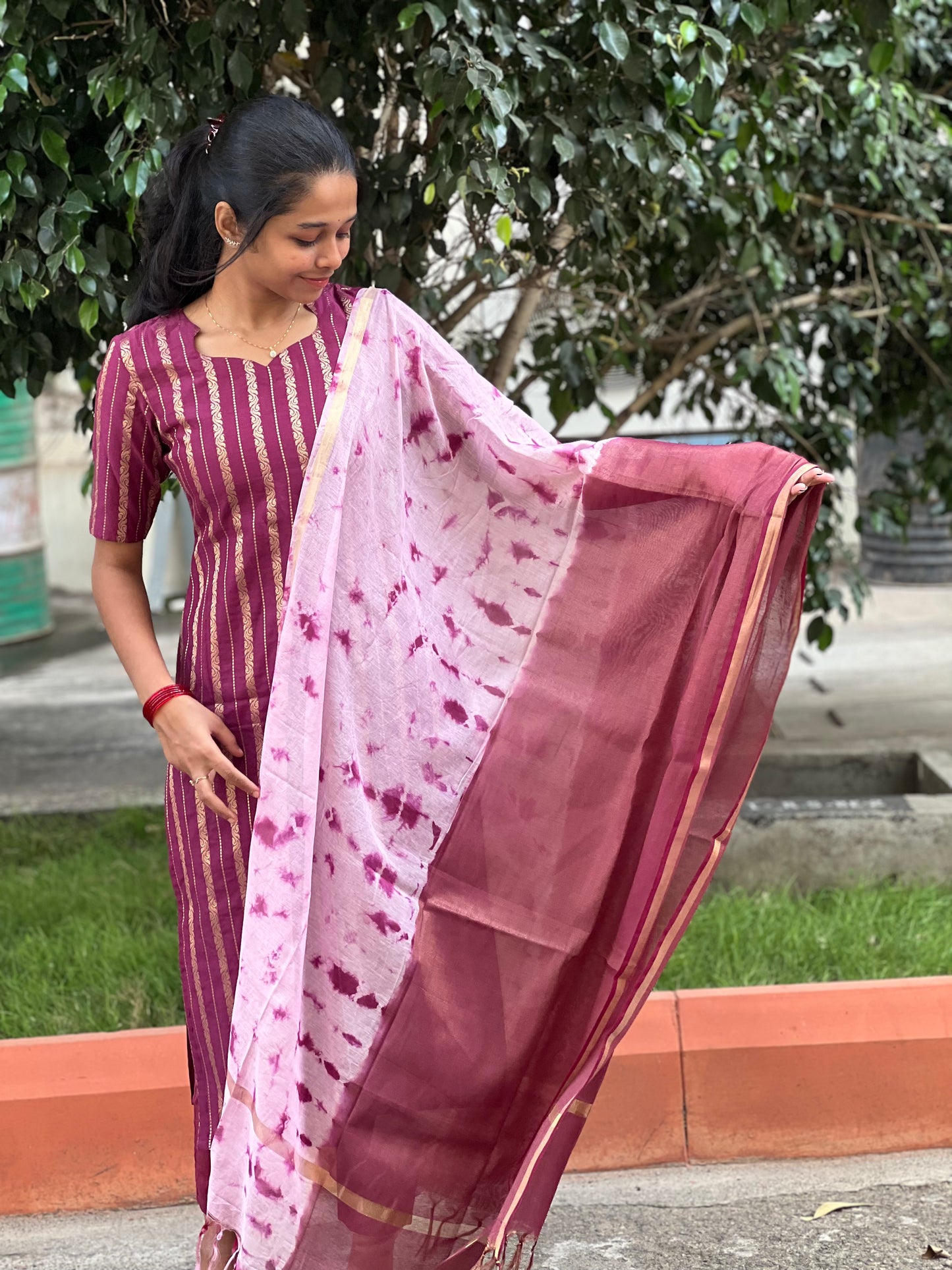 Magenta banarasi chanderi suit with marble dye duppata
